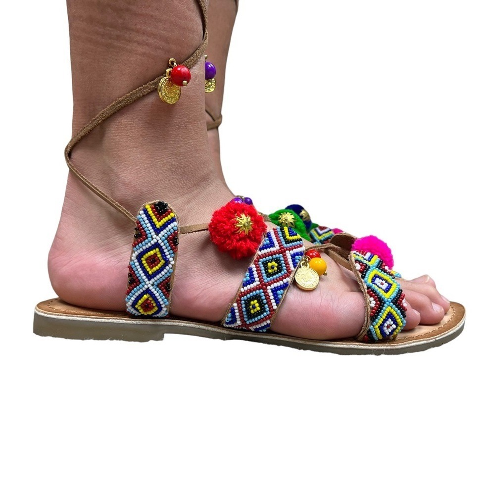Chinese Laundry Sandals Womens‎ Size 8 Posh Leather Leg Tie Pom Pom Beaded Flats